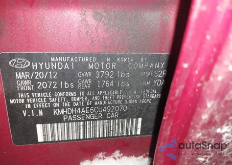 2012 Hyundai Elantra Limited (Ulsan Plant) z USA, uszkodzony, nr VIN KMHDH4AE6CU492070